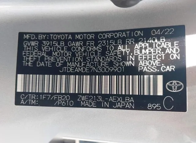 JTDEAMDE7N3009901 2022 2022 Toyota Corolla- Hybrid Le 9