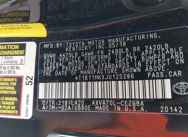 4T1B11HKXJU125286 2018 2018 Toyota Camry- Xle 9