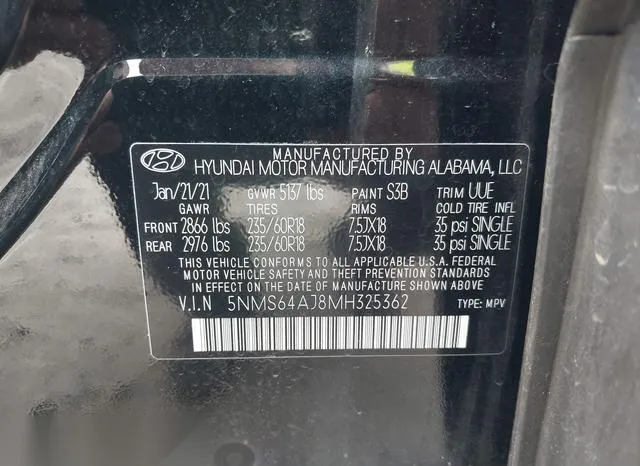 5NMS64AJ8MH325362 2021 2021 Hyundai Santa Fe- Sel 9