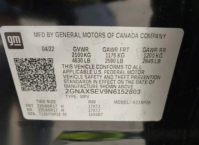 2GNAXSEV9N6152803 2022 2022 Chevrolet Equinox- Awd Ls 9