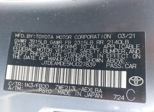 JTDEAMDE5MJ027839 2021 2021 Toyota Corolla- Hybrid Le 9