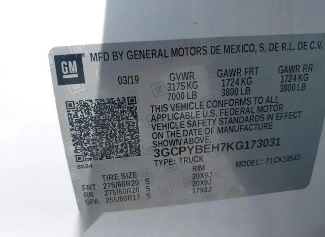 3GCPYBEH7KG173031 2019 2019 Chevrolet Silverado 1500- Custom 9