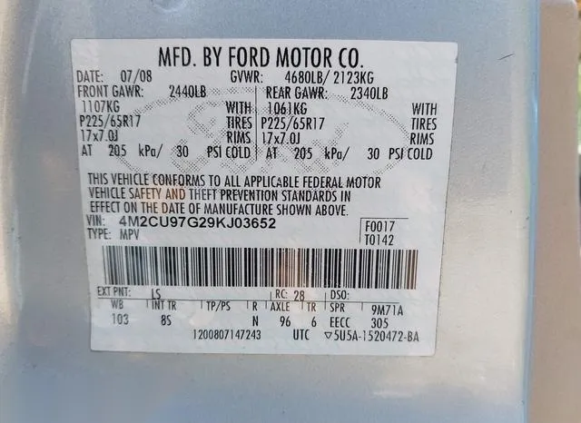 4M2CU97G29KJ03652 2009 2009 Mercury Mariner- Premier V6 9