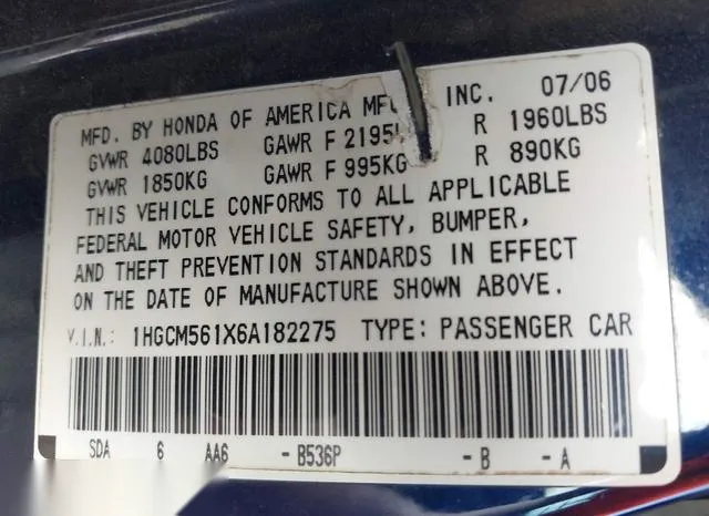 1HGCM561X6A182275 2006 2006 Honda Accord- 2-4 VP 9