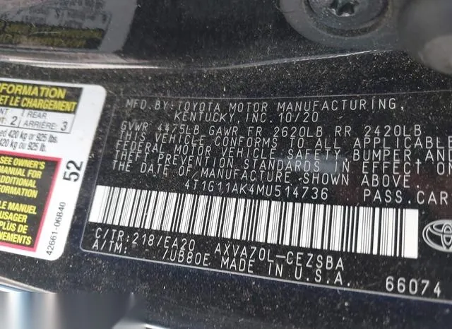 4T1G11AK4MU514736 2021 2021 Toyota Camry- SE 9