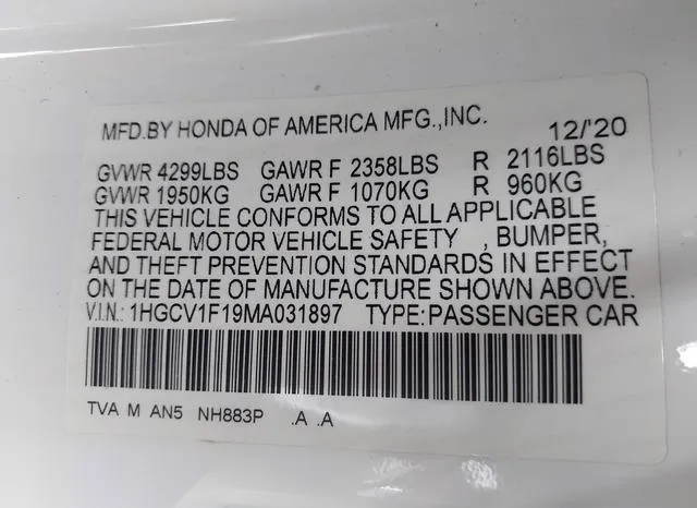 1HGCV1F19MA031897 2021 2021 Honda Accord- LX 9