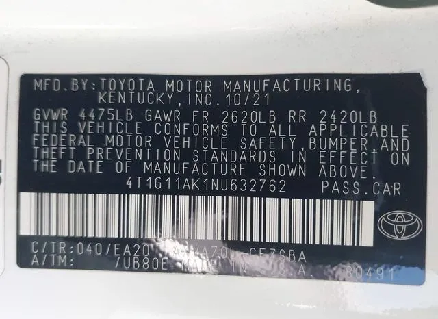 4T1G11AK1NU632762 2022 2022 Toyota Camry- SE 9