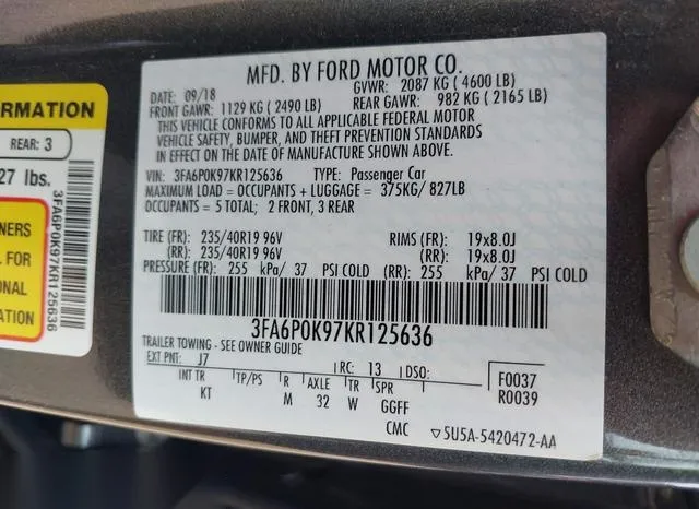 3FA6P0K97KR125636 2019 2019 Ford Fusion- Titanium 9