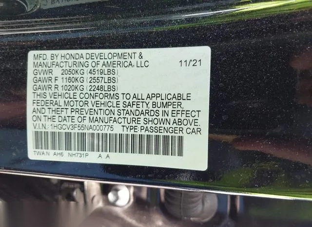 1HGCV3F55NA000775 2022 2022 Honda Accord- Hybrid Ex-L 9