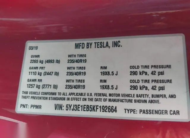 5YJ3E1EB5KF192664 2019 2019 Tesla Model 3- Long Range/Perfo 9