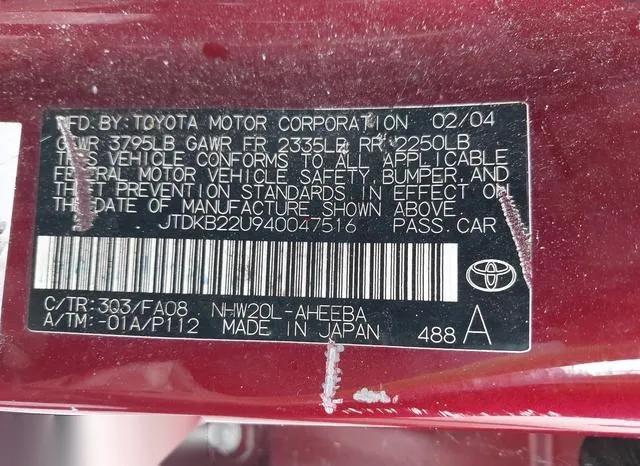 JTDKB22U940047516 2004 2004 Toyota Prius 9