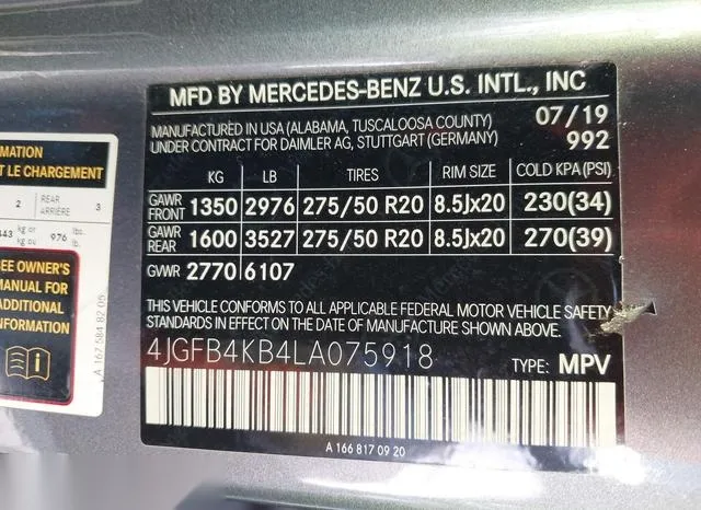 4JGFB4KB4LA075918 2020 2020 Mercedes-Benz GLE 350- 4Matic 9