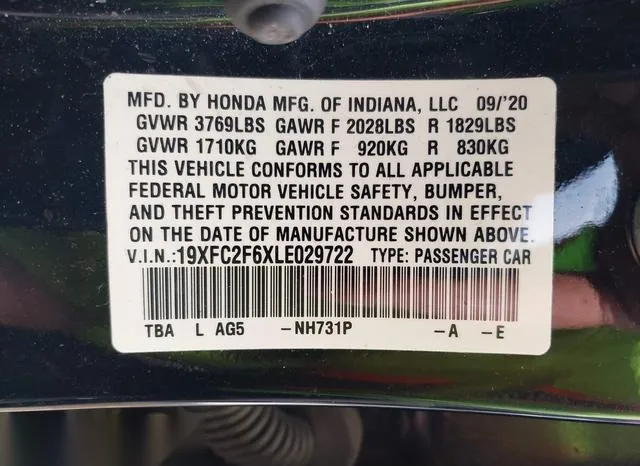 19XFC2F6XLE029722 2020 2020 Honda Civic- LX 9