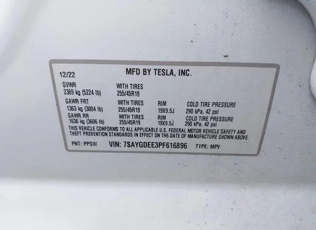 7SAYGDEE3PF616896 2023 2023 Tesla Model Y- Awd/Long Range Du 9