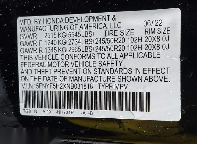 5FNYF5H2XNB031818 2022 2022 Honda Pilot- 2Wd Special Edition 9