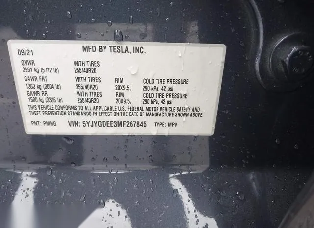 5YJYGDEE3MF267845 2021 2021 Tesla Model Y- Long Range Dual 9