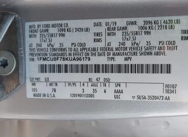 1FMCU0F78KUA96179 2019 2019 Ford Escape- S 9