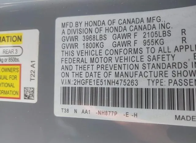 2HGFE1E51NH475263 2022 2022 Honda Civic- Si Sedan 9