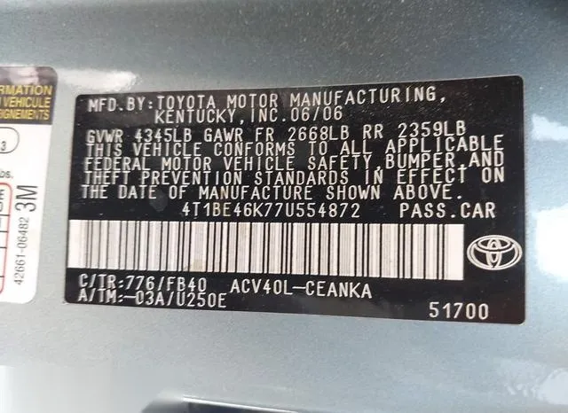 4T1BE46K77U554872 2007 2007 Toyota Camry- LE 9