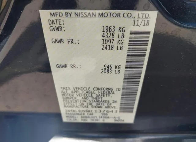 1N4BL4DV6KC137643 2019 2019 Nissan Altima- 2-5 SV 9