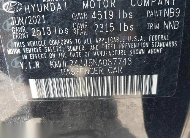 KMHL24JJ5NA037743 2022 2022 Hyundai Sonata- Hybrid Blue 9