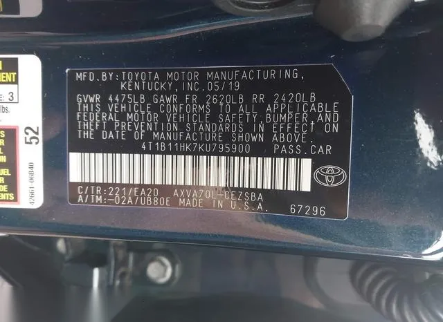 4T1B11HK7KU795900 2019 2019 Toyota Camry- SE 9