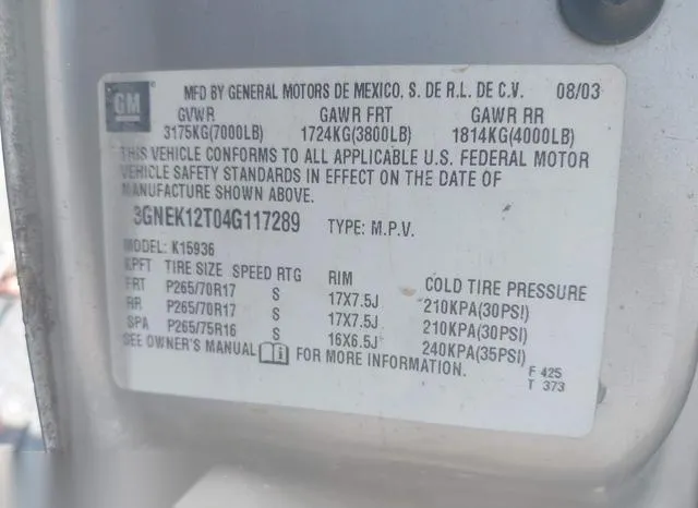 3GNEK12T04G117289 2004 2004 Chevrolet Avalanche 1500 9