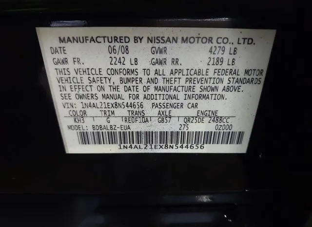 1N4AL21EX8N544656 2008 2008 Nissan Altima- 2-5 S 9