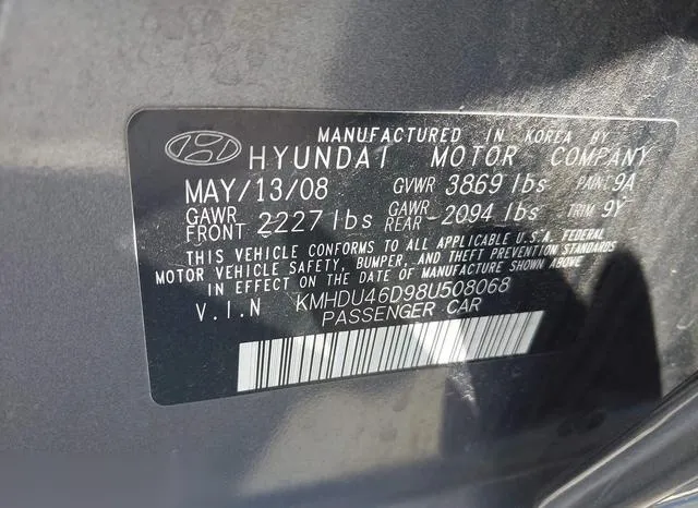 KMHDU46D98U508068 2008 2008 Hyundai Elantra- Gls/Se 9