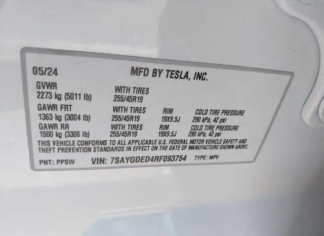 7SAYGDED4RF093754 2024 2024 Tesla Model Y- Long Range/Rwd 9