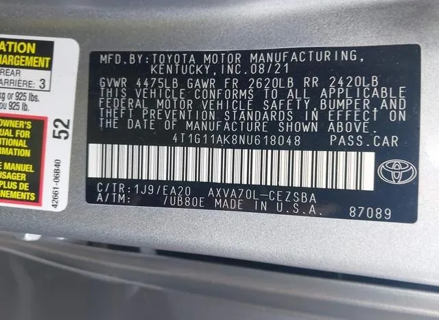 4T1G11AK8NU618048 2022 2022 Toyota Camry- SE 9