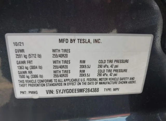 5YJYGDEE9MF284388 2021 2021 Tesla Model Y- Long Range Dual 9