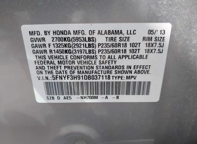 5FNYF3H91DB037118 2013 2013 Honda Pilot- Touring 9