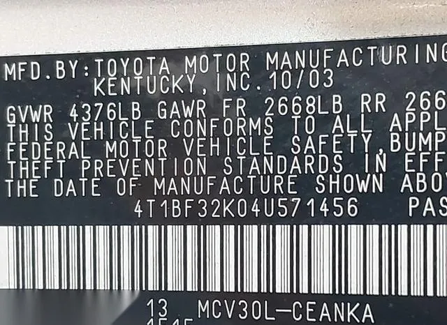 4T1BF32K04U571456 2004 2004 Toyota Camry- Le V6 9