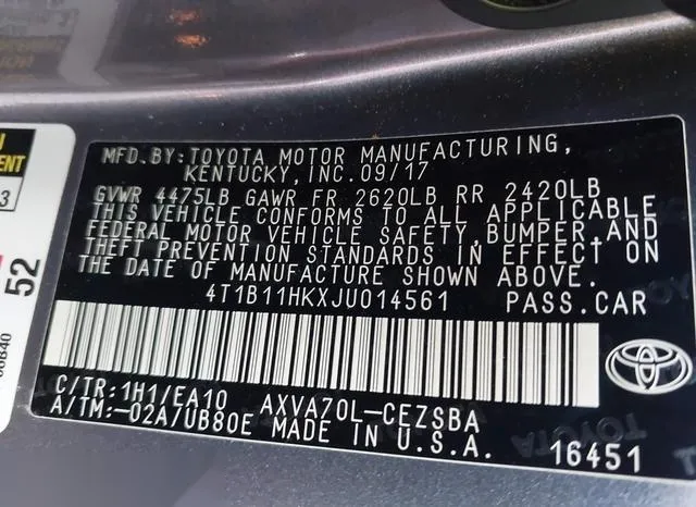 4T1B11HKXJU014561 2018 2018 Toyota Camry- SE 9