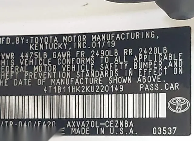 4T1B11HK2KU220149 2019 2019 Toyota Camry- L/Le/Se/Xle 9