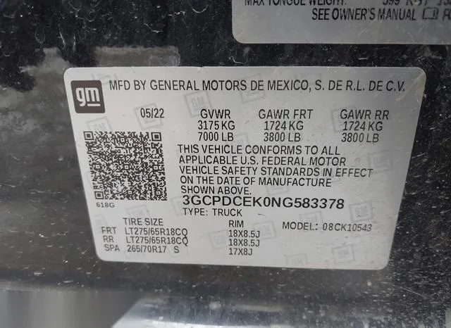 3GCPDCEK0NG583378 2022 2022 Chevrolet Silverado 1500- 4Wd  S 9