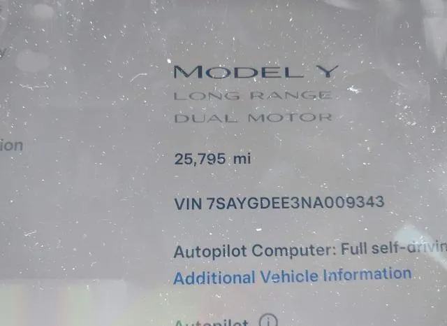 7SAYGDEE3NA009343 2022 2022 Tesla Model Y- Long Range Dual M 7