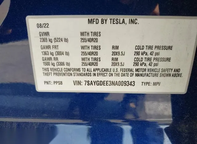 7SAYGDEE3NA009343 2022 2022 Tesla Model Y- Long Range Dual M 9