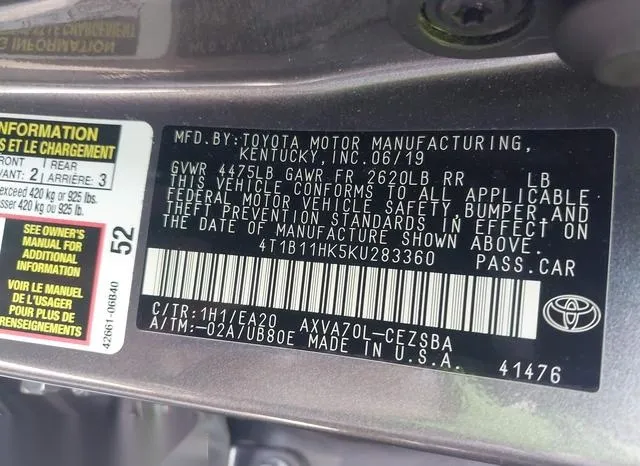 4T1B11HK5KU283360 2019 2019 Toyota Camry- SE 9