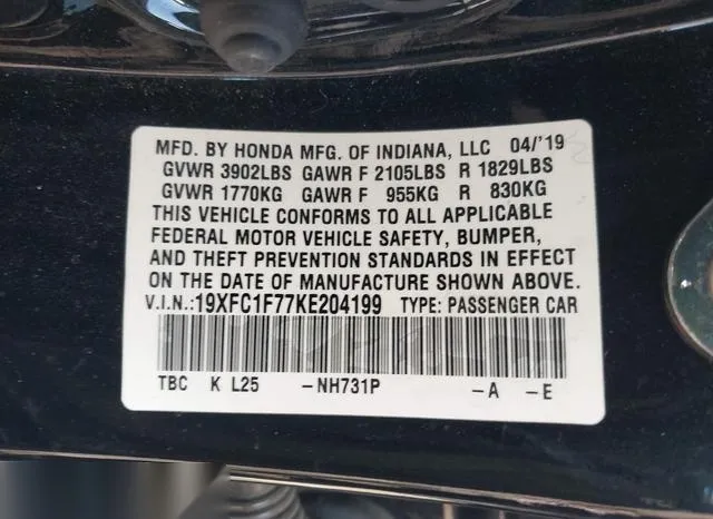 19XFC1F77KE204199 2019 2019 Honda Civic- Ex-L 9