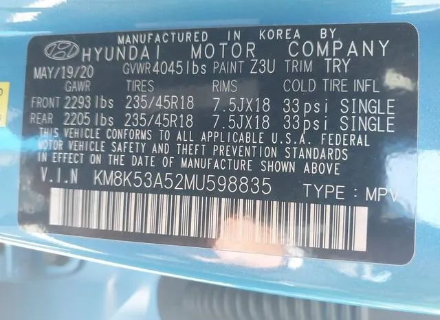 KM8K53A52MU598835 2021 2021 Hyundai Kona- Ultimate 9