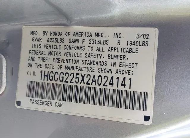 1HGCG225X2A024141 2002 2002 Honda Accord- 3-0 EX 9