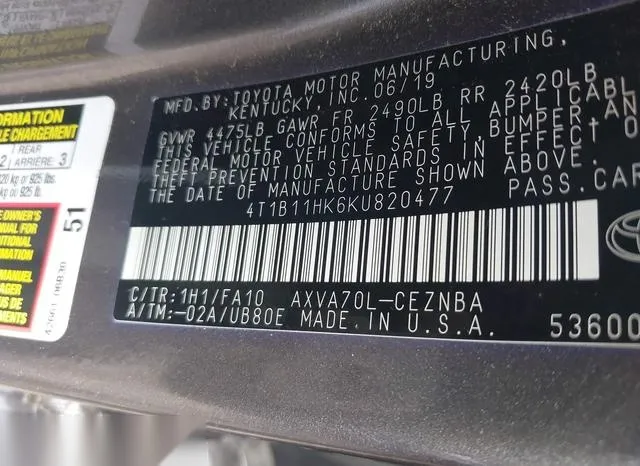 4T1B11HK6KU820477 2019 2019 Toyota Camry- LE 9