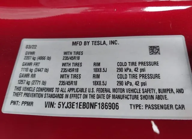 5YJ3E1EB0NF186906 2022 2022 Tesla Model 3- Long Range Dual M 9