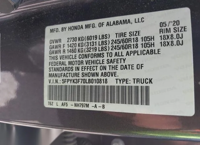 5FPYK3F70LB010818 2020 2020 Honda Ridgeline- Rtl-E 9