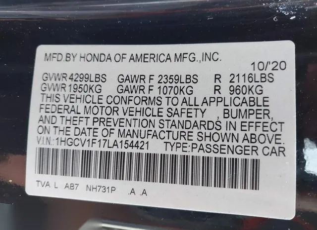 1HGCV1F17LA154421 2020 2020 Honda Accord- LX 9