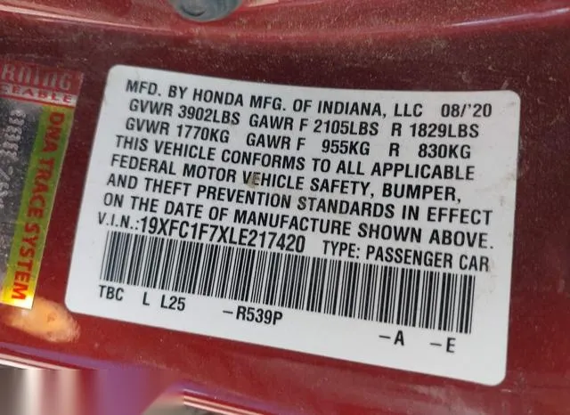 19XFC1F7XLE217420 2020 2020 Honda Civic- Ex-L 9