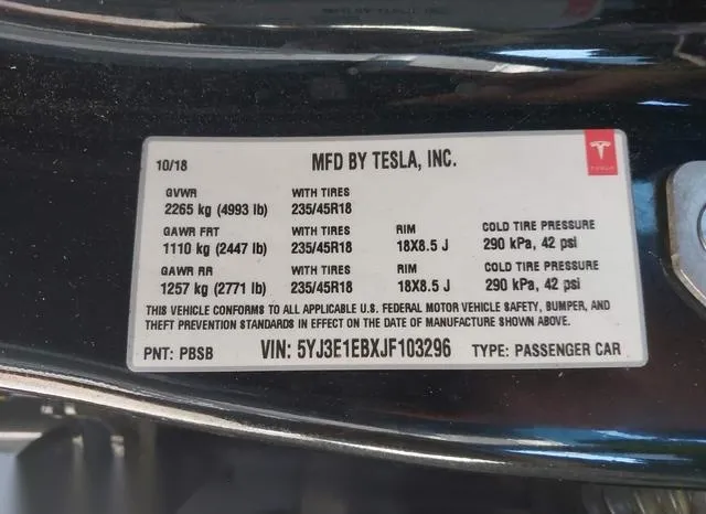 5YJ3E1EBXJF103296 2018 2018 Tesla Model 3- Long Range/Perfor 9