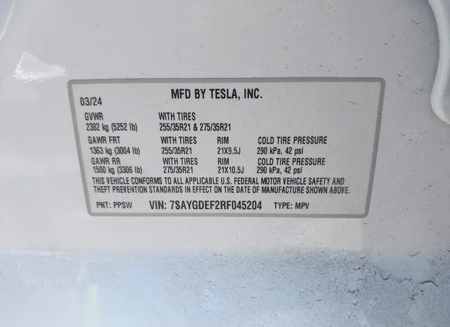 7SAYGDEF2RF045204 2024 2024 Tesla Model Y- Performance Dual  9